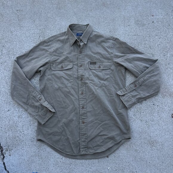 Vintage Ralph Lauren Button Up Shirt Mens M Long Sleeve Safari Olive Green Army